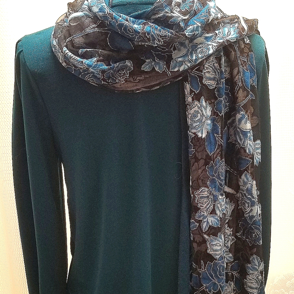 Scarf~Teal & Silver flowers on sheer black